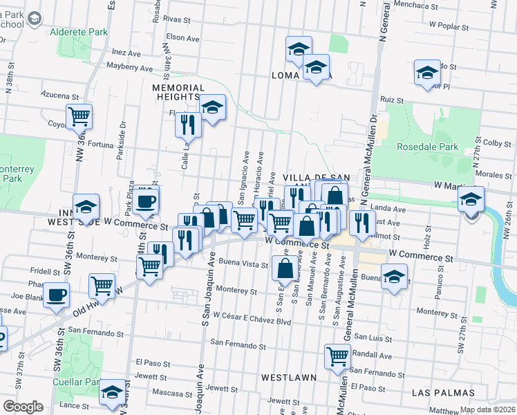 map of restaurants, bars, coffee shops, grocery stores, and more near 144 North San Horacio Avenue in San Antonio