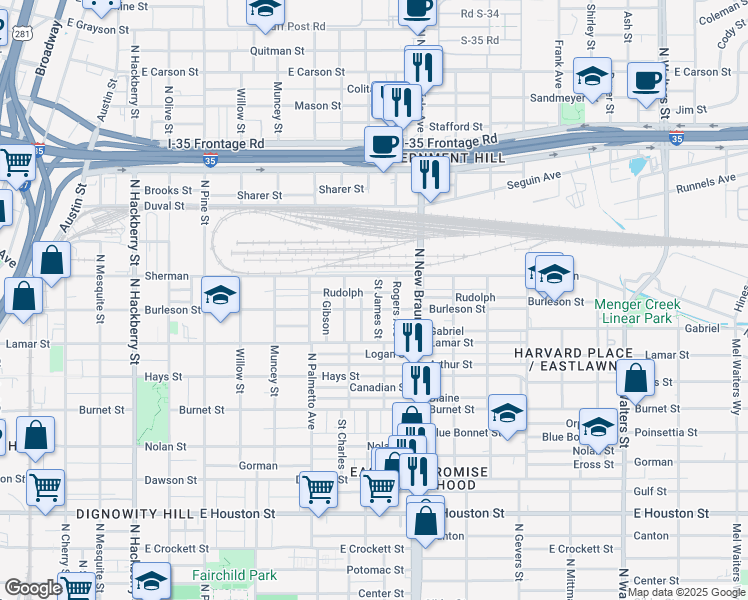 map of restaurants, bars, coffee shops, grocery stores, and more near 1129 Burleson in San Antonio