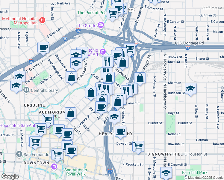 map of restaurants, bars, coffee shops, grocery stores, and more near 901 North Alamo Street in San Antonio