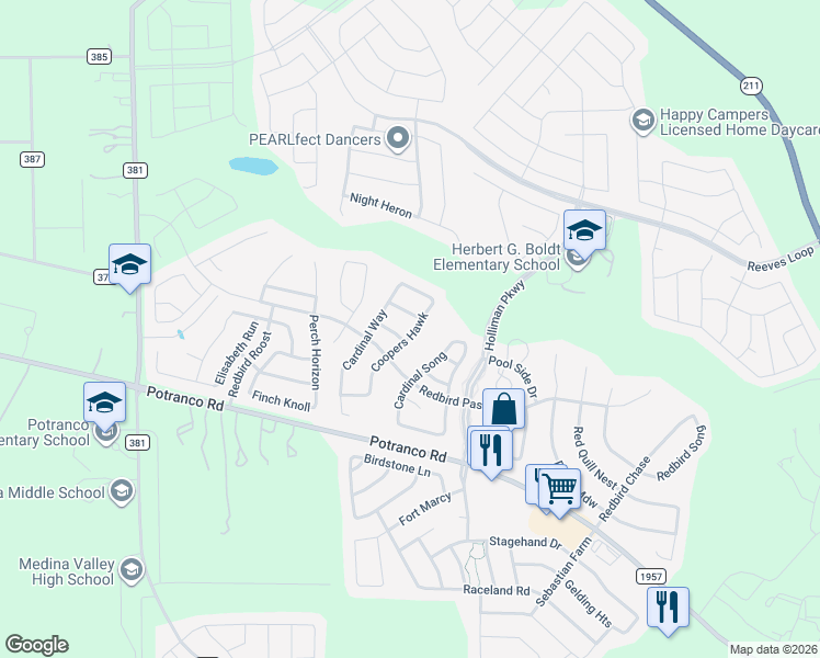 map of restaurants, bars, coffee shops, grocery stores, and more near 143 Coopers Hawk in San Antonio