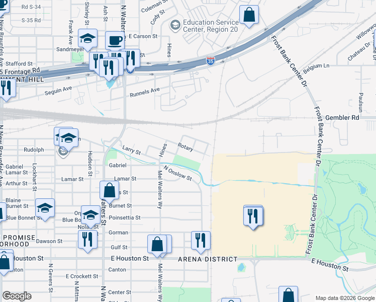 map of restaurants, bars, coffee shops, grocery stores, and more near 522 Rotary in San Antonio