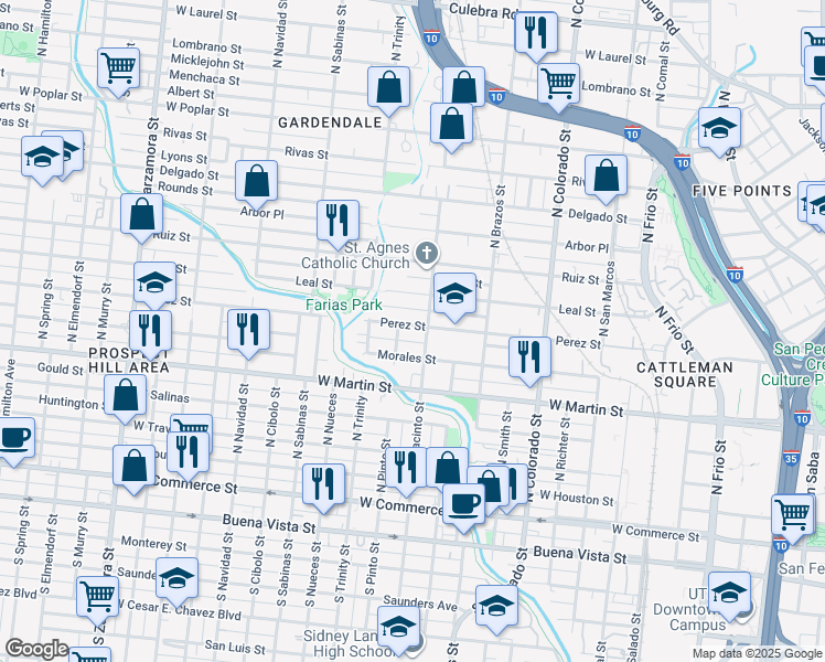 map of restaurants, bars, coffee shops, grocery stores, and more near 1114 Perez Street in San Antonio