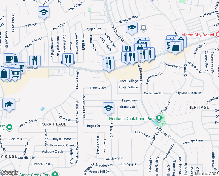 map of restaurants, bars, coffee shops, grocery stores, and more near 859 Fillmore Drive in San Antonio