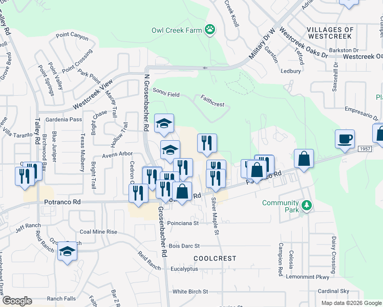 map of restaurants, bars, coffee shops, grocery stores, and more near 12227 Farm to Market Road 1957 in San Antonio