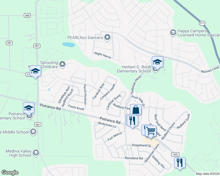 map of restaurants, bars, coffee shops, grocery stores, and more near 143 Coopers Hawk in San Antonio