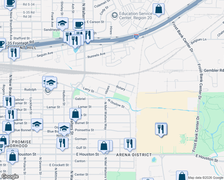 map of restaurants, bars, coffee shops, grocery stores, and more near 419 Muegge in San Antonio