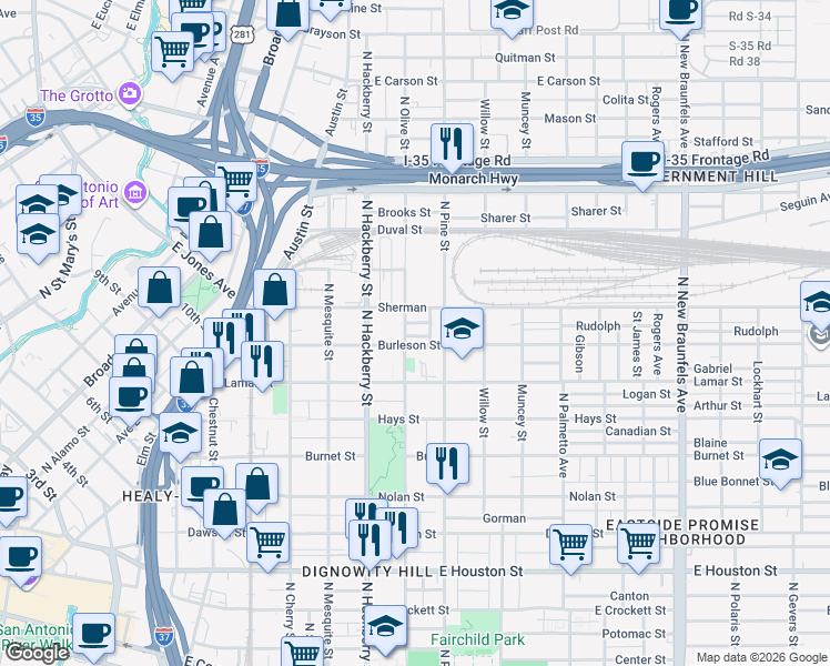 map of restaurants, bars, coffee shops, grocery stores, and more near 1107 North Olive Street in San Antonio