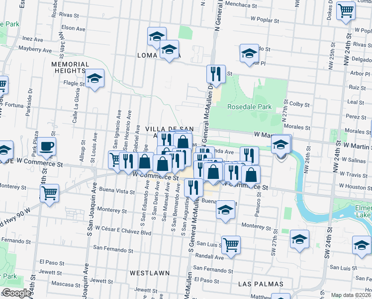 map of restaurants, bars, coffee shops, grocery stores, and more near 314 North General McMullen Drive in San Antonio
