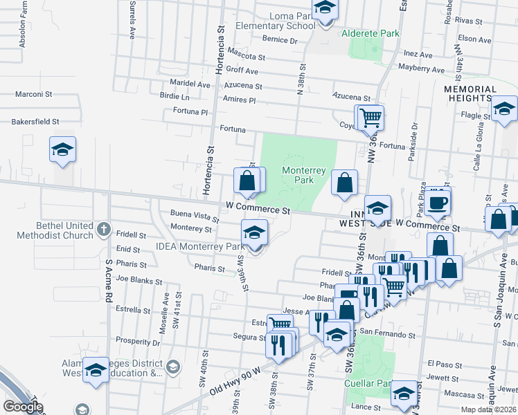 map of restaurants, bars, coffee shops, grocery stores, and more near 6060 West Commerce Street in San Antonio