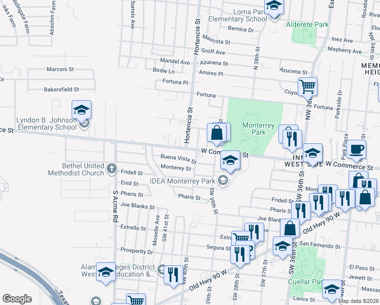 map of restaurants, bars, coffee shops, grocery stores, and more near 6154 West Commerce Street in San Antonio