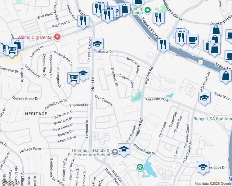 map of restaurants, bars, coffee shops, grocery stores, and more near 427 Shadbush Street in San Antonio