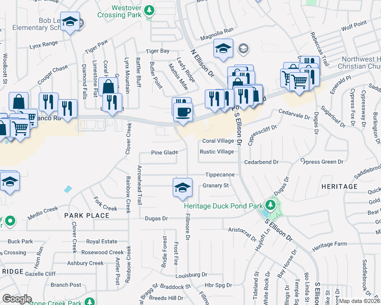 map of restaurants, bars, coffee shops, grocery stores, and more near 859 Fillmore Drive in San Antonio