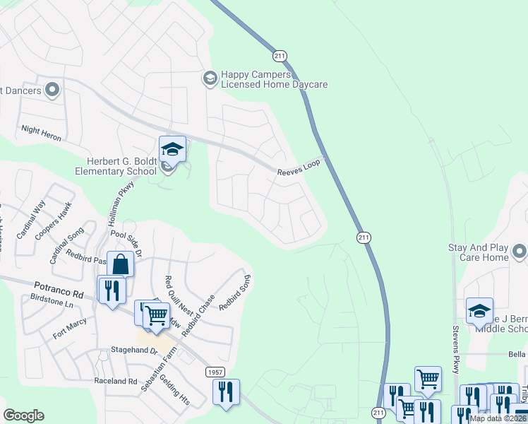 map of restaurants, bars, coffee shops, grocery stores, and more near 14818 Fronted Goose in San Antonio