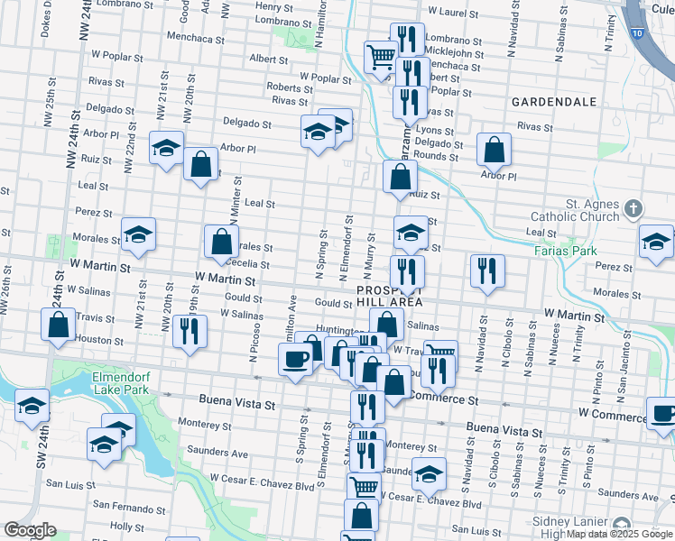 map of restaurants, bars, coffee shops, grocery stores, and more near 2606 Morales Street in San Antonio