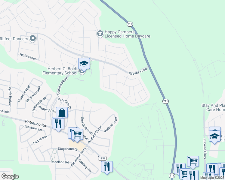 map of restaurants, bars, coffee shops, grocery stores, and more near 14914 Fronted Goose in San Antonio