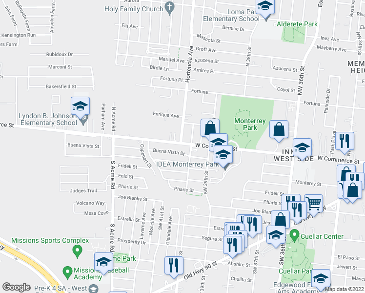 map of restaurants, bars, coffee shops, grocery stores, and more near 6154 West Commerce Street in San Antonio