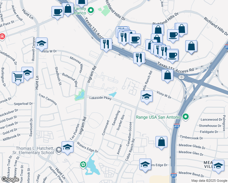 map of restaurants, bars, coffee shops, grocery stores, and more near 10102 Ingram Road in San Antonio