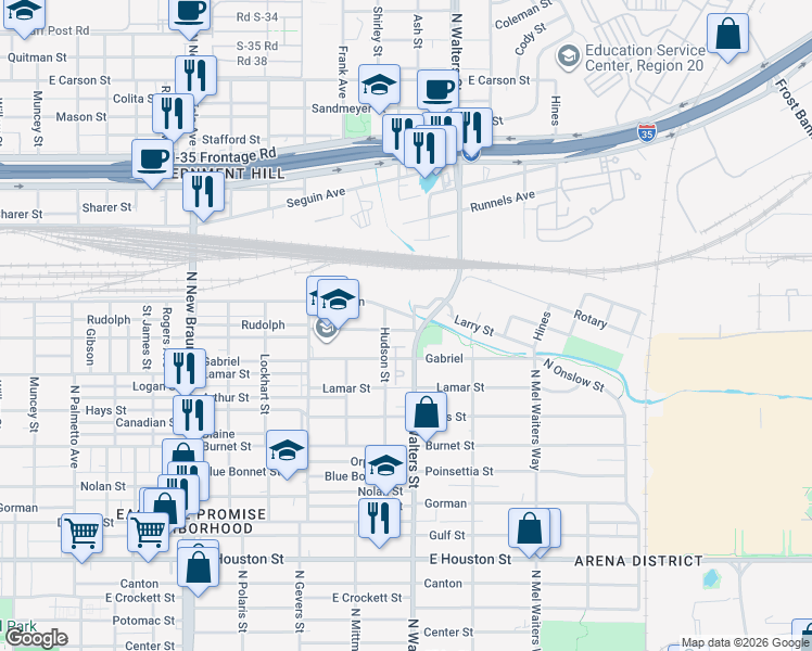 map of restaurants, bars, coffee shops, grocery stores, and more near 1815 Burleson Street in San Antonio