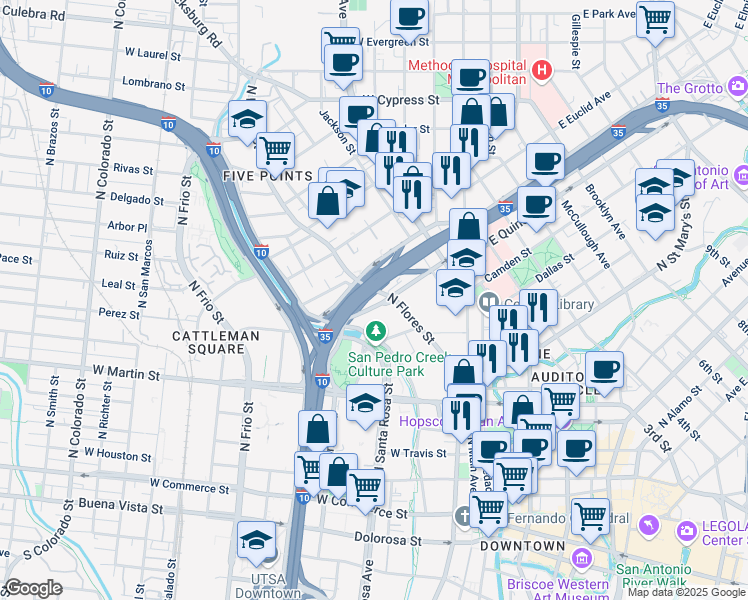 map of restaurants, bars, coffee shops, grocery stores, and more near 501 North Flores Street in San Antonio