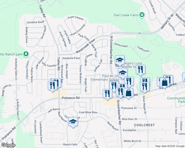 map of restaurants, bars, coffee shops, grocery stores, and more near 12707 Avens Arbor in San Antonio