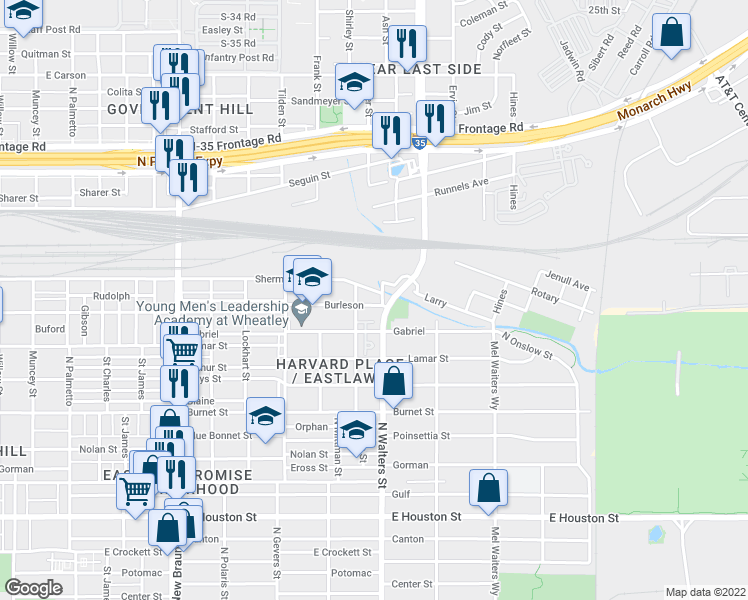 map of restaurants, bars, coffee shops, grocery stores, and more near 1815 Burleson in San Antonio
