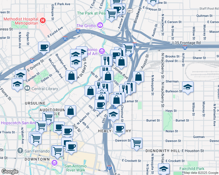 map of restaurants, bars, coffee shops, grocery stores, and more near 901 North Alamo Street in San Antonio