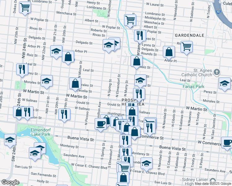 map of restaurants, bars, coffee shops, grocery stores, and more near 2606 Morales Street in San Antonio