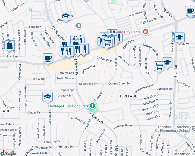 map of restaurants, bars, coffee shops, grocery stores, and more near 719 Cypresshill Drive in San Antonio