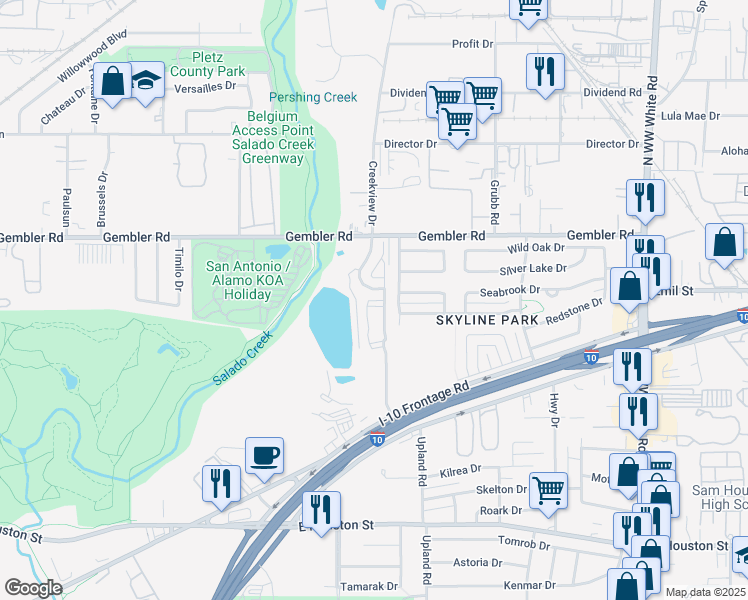 map of restaurants, bars, coffee shops, grocery stores, and more near 703 Manhattan Drive in San Antonio