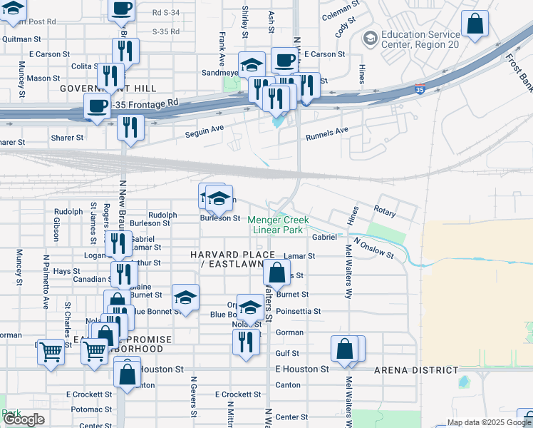 map of restaurants, bars, coffee shops, grocery stores, and more near 1815 Burleson in San Antonio