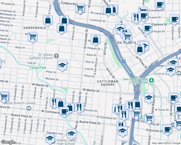 map of restaurants, bars, coffee shops, grocery stores, and more near 731 Perez Street in San Antonio