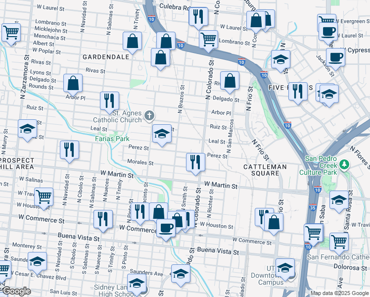 map of restaurants, bars, coffee shops, grocery stores, and more near 851 Perez Street in San Antonio