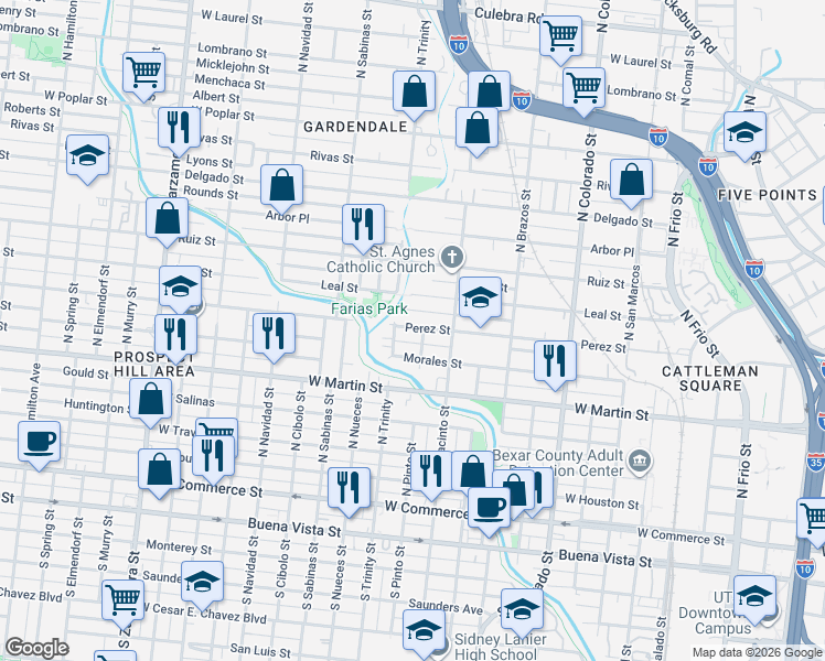 map of restaurants, bars, coffee shops, grocery stores, and more near 614 North Trinity in San Antonio