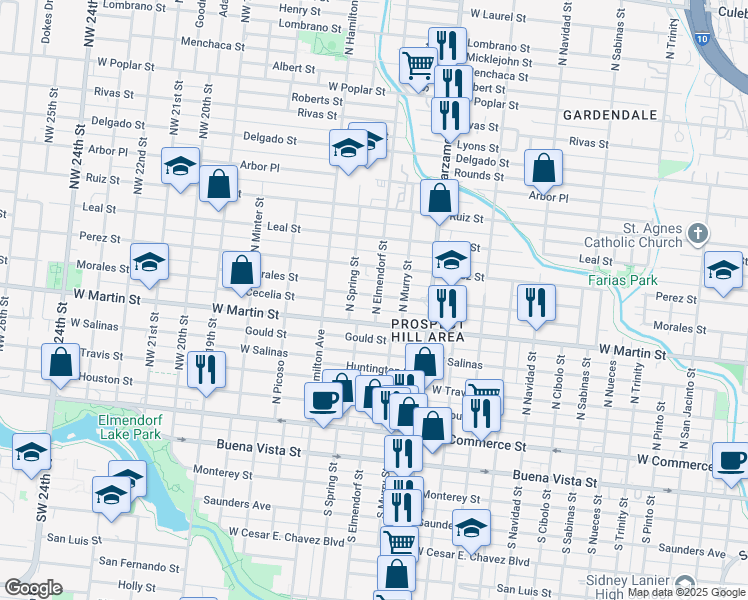 map of restaurants, bars, coffee shops, grocery stores, and more near 2606 Morales Street in San Antonio