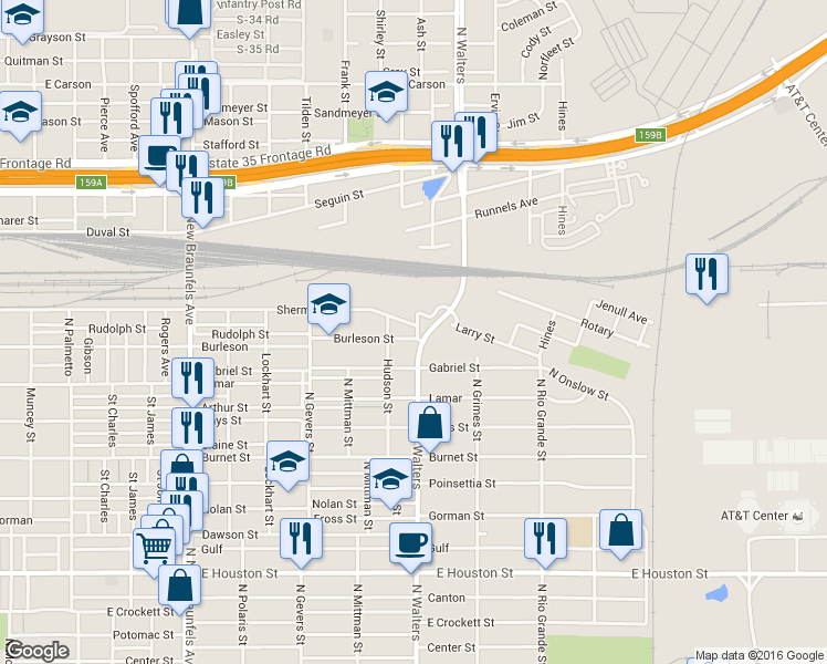 map of restaurants, bars, coffee shops, grocery stores, and more near 1815 Burleson Street in San Antonio