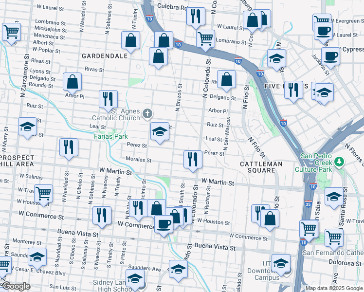 map of restaurants, bars, coffee shops, grocery stores, and more near 851 Perez Street in San Antonio