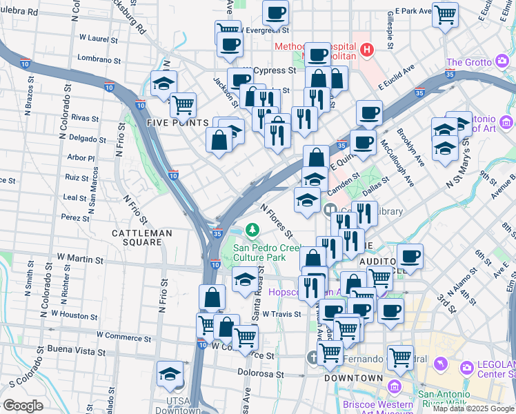 map of restaurants, bars, coffee shops, grocery stores, and more near 501 North Flores Street in San Antonio