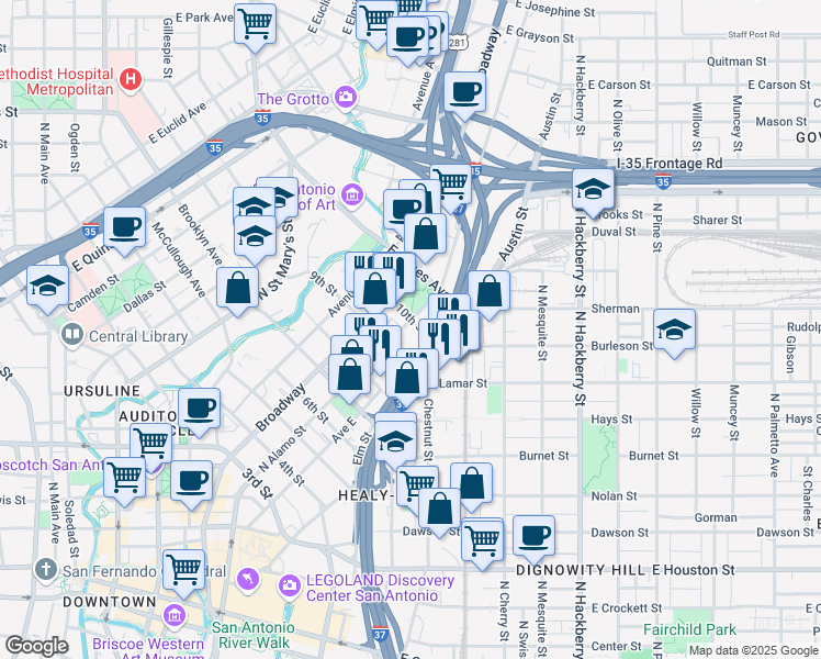 map of restaurants, bars, coffee shops, grocery stores, and more near 928 North Alamo Street in San Antonio