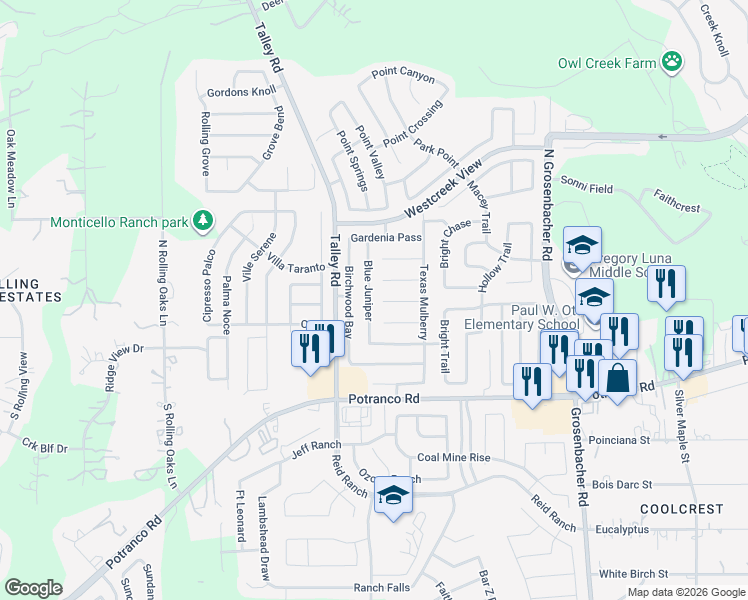 map of restaurants, bars, coffee shops, grocery stores, and more near 150 Blue Juniper in San Antonio
