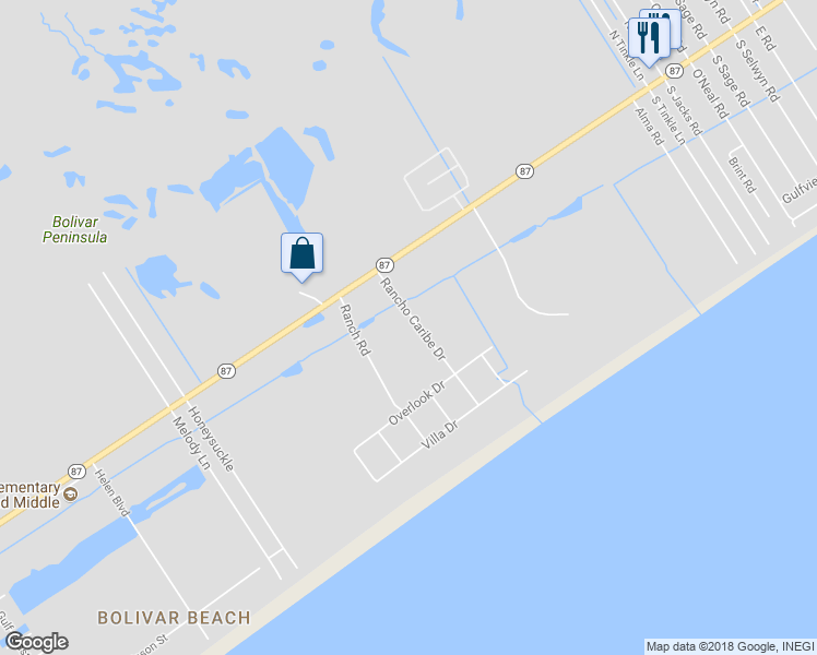 map of restaurants, bars, coffee shops, grocery stores, and more near 909 Rancho Caribe Drive in Bolivar Peninsula