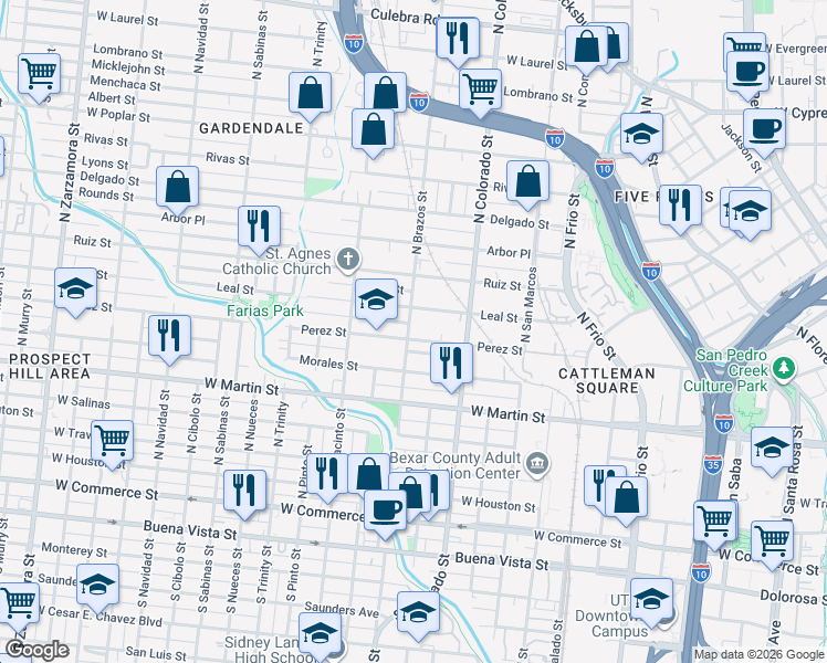 map of restaurants, bars, coffee shops, grocery stores, and more near 851 Perez Street in San Antonio