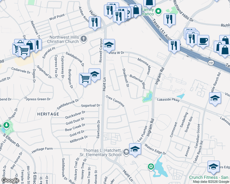 map of restaurants, bars, coffee shops, grocery stores, and more near 9310 Magnolia Grove in San Antonio