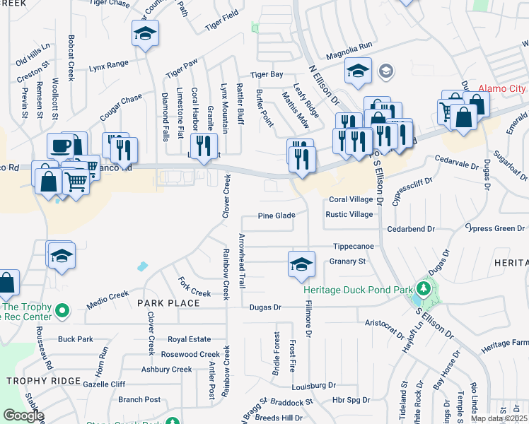 map of restaurants, bars, coffee shops, grocery stores, and more near 10475 Pine Glade in San Antonio