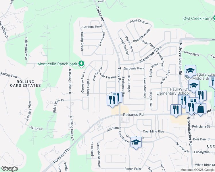 map of restaurants, bars, coffee shops, grocery stores, and more near 12826 Sicily in San Antonio