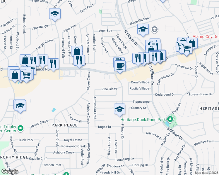 map of restaurants, bars, coffee shops, grocery stores, and more near 10435 Pine Glade in San Antonio