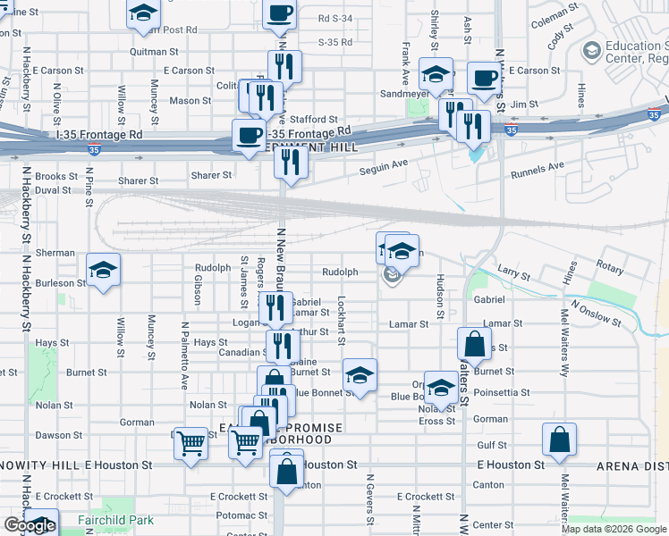 map of restaurants, bars, coffee shops, grocery stores, and more near 1421 Burleson in San Antonio
