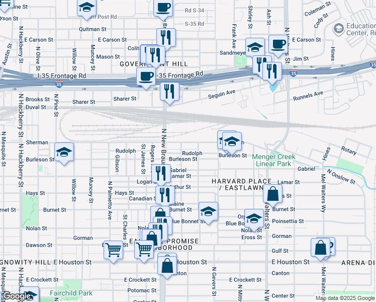 map of restaurants, bars, coffee shops, grocery stores, and more near 1421 Burleson in San Antonio