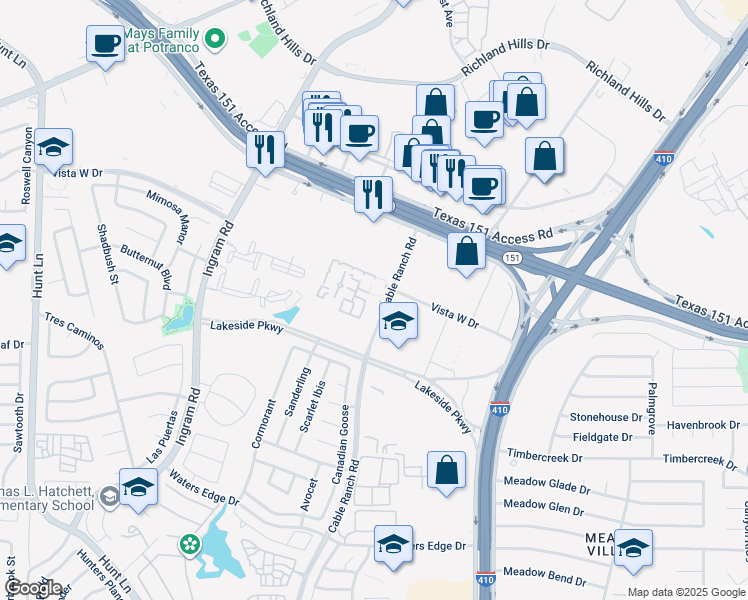 map of restaurants, bars, coffee shops, grocery stores, and more near 1639 Cable Ranch Road in San Antonio