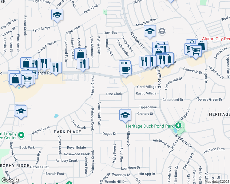 map of restaurants, bars, coffee shops, grocery stores, and more near 10435 Pine Glade in San Antonio