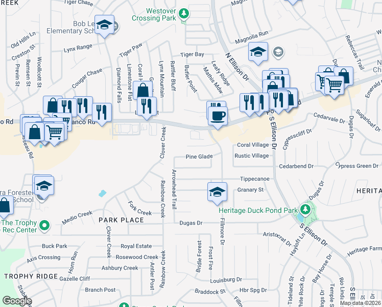 map of restaurants, bars, coffee shops, grocery stores, and more near 10475 Pine Glade in San Antonio